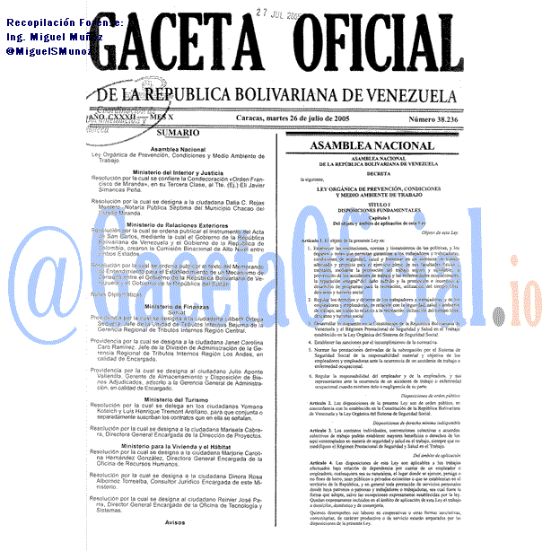 Gaceta Oficial 38236 del 26 Julio 2005