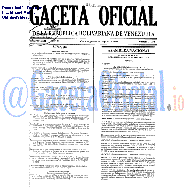 Gaceta Oficial 38238 del 28 Julio 2005