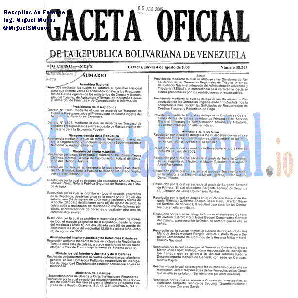 Gaceta Oficial 38243 del 4 Agosto 2005
