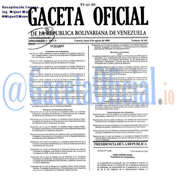 Gaceta Oficial 38245 del 8 Agosto 2005