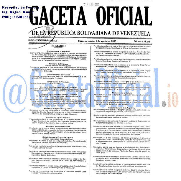 Gaceta Oficial 38246 del 9 Agosto 2005