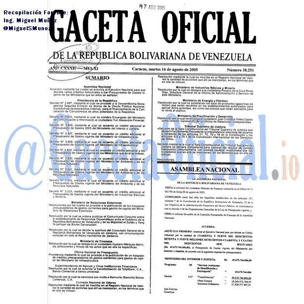 Gaceta Oficial 38251 del 16 Agosto 2005