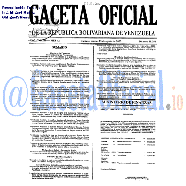 Gaceta Oficial 38256 del 23 Agosto 2005