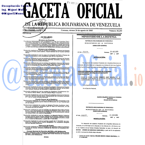Gaceta Oficial 38259 del 26 Agosto 2005