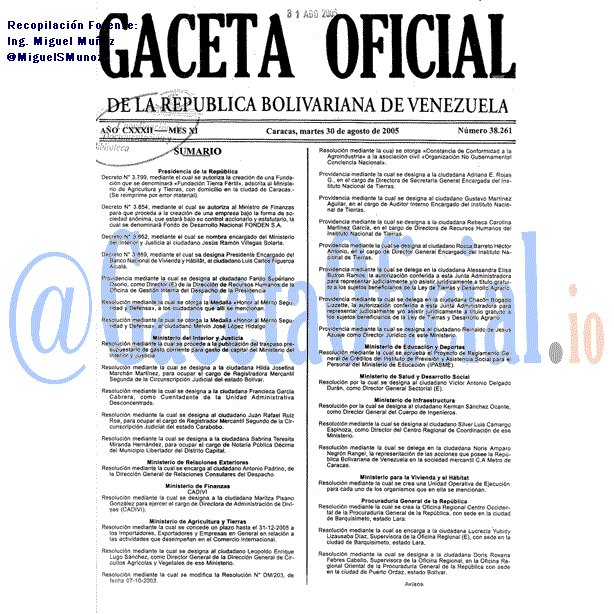 Gaceta Oficial 38261 del 30 Agosto 2005