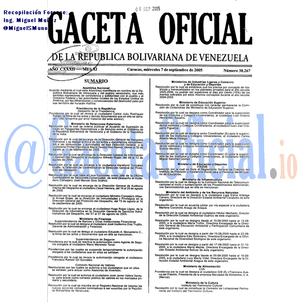 Gaceta Oficial 38267 del 7 Septiembre 2005