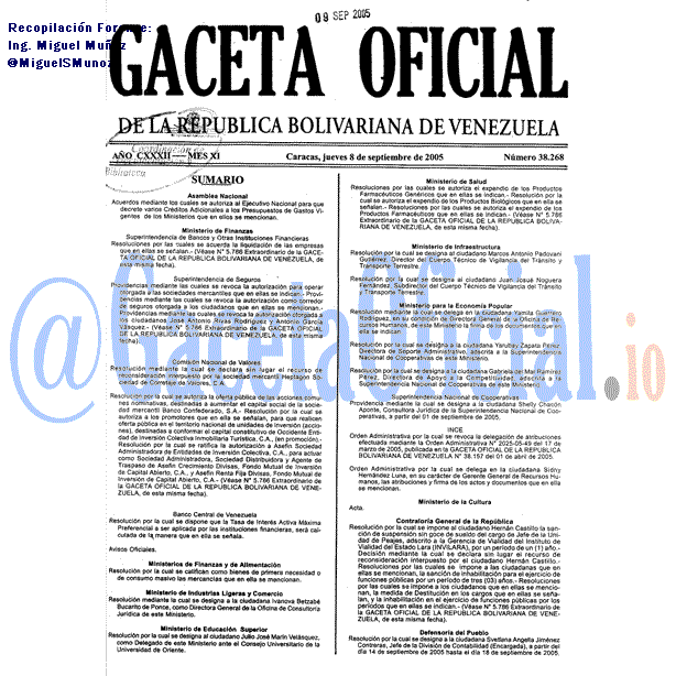 Gaceta Oficial 38268 del 8 Septiembre 2005