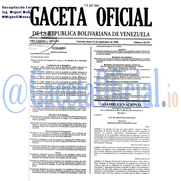 Gaceta Oficial 38270 del 12 Septiembre 2005