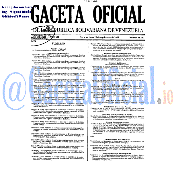 Gaceta Oficial 38280 del 26 Septiembre 2005
