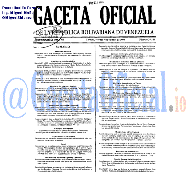 Gaceta Oficial 38289 del 7 Octubre 2005
