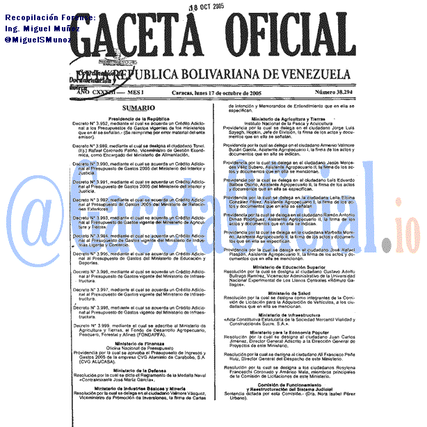 Gaceta Oficial 38294 del 17 Octubre 2005
