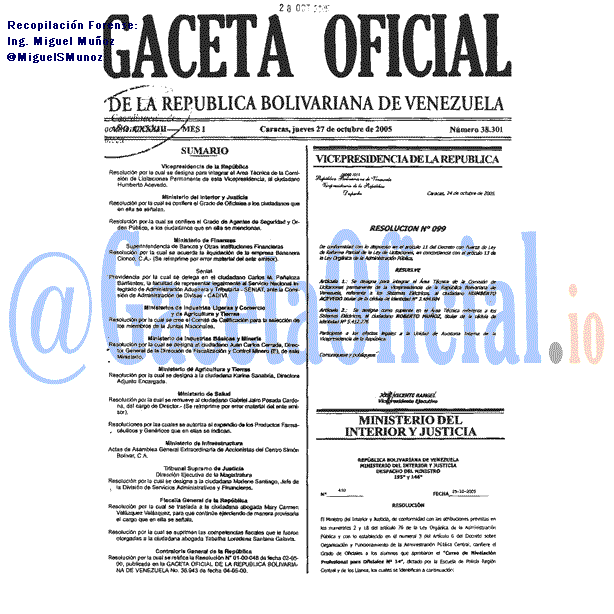 Gaceta Oficial 38301 del 27 Octubre 2005