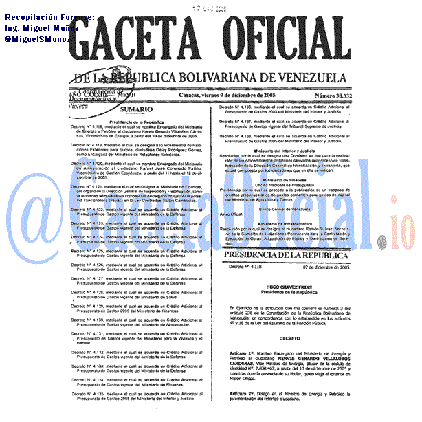 Gaceta Oficial 38332 del 9 Diciembre 2005