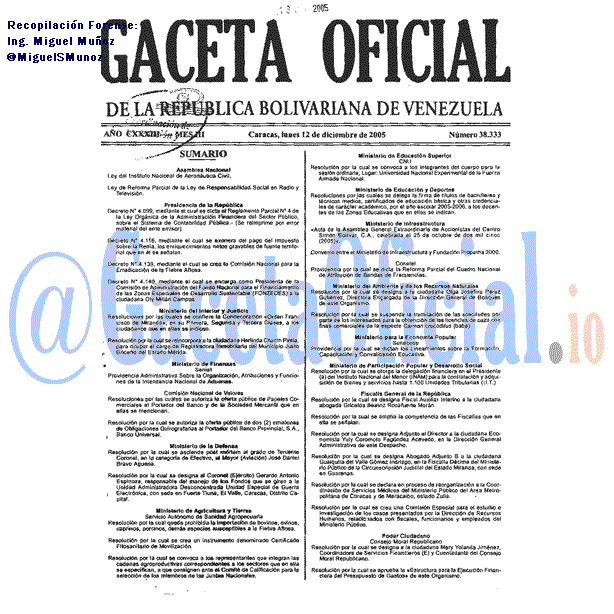 Gaceta Oficial 38333 del 12 Diciembre 2005
