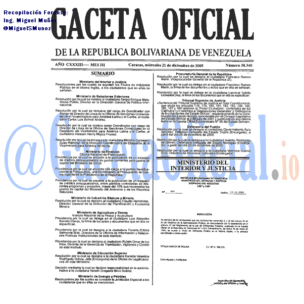 Gaceta Oficial 38340 del 21 Diciembre 2005