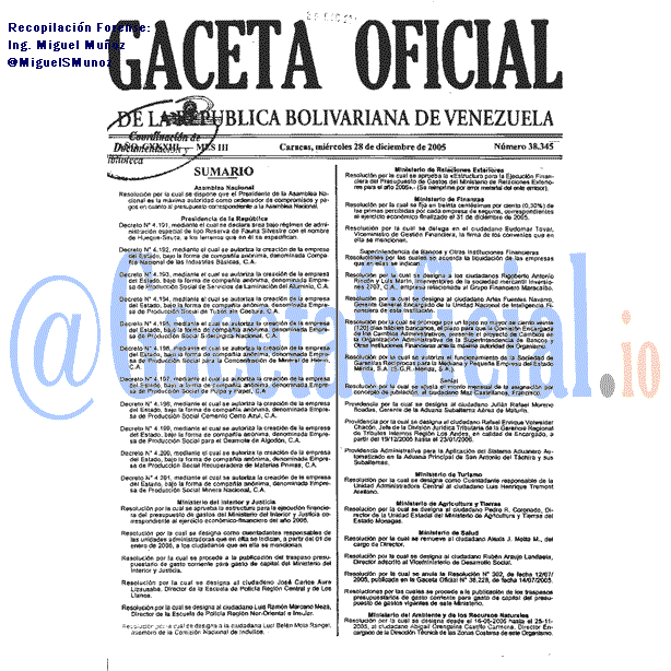 Gaceta Oficial 38345 del 28 Diciembre 2005