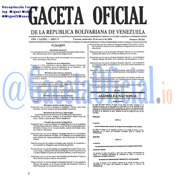 Gaceta Oficial 38360 del 18 Enero 2006