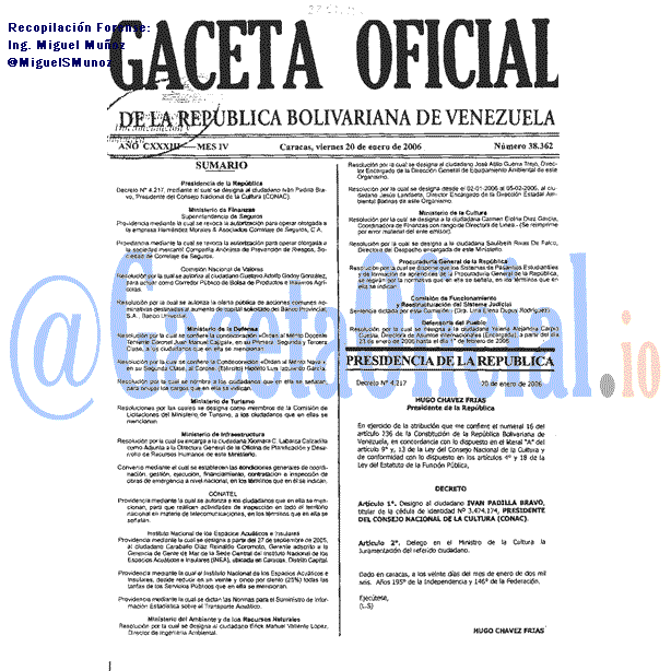 Gaceta Oficial 38362 del 20 Enero 2006