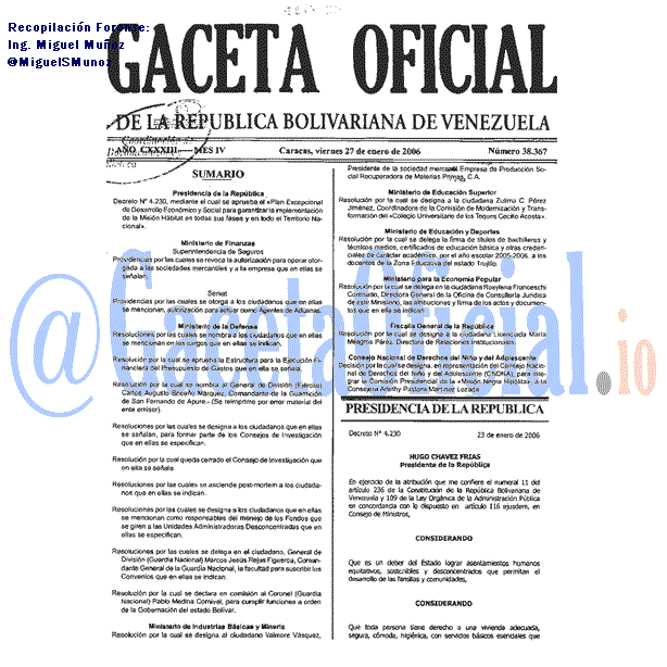 Gaceta Oficial 38367 del 27 Enero 2006