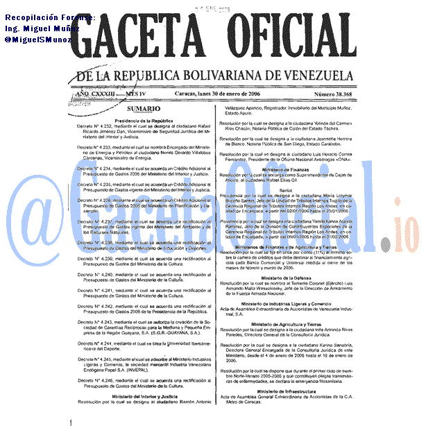Gaceta Oficial 38368 del 30 Enero 2006