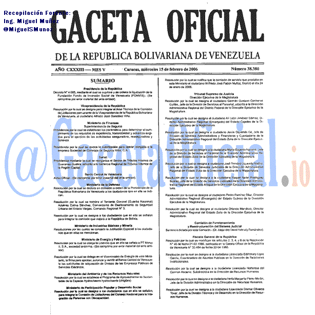 Gaceta Oficial 38380 del 15 Febrero 2006