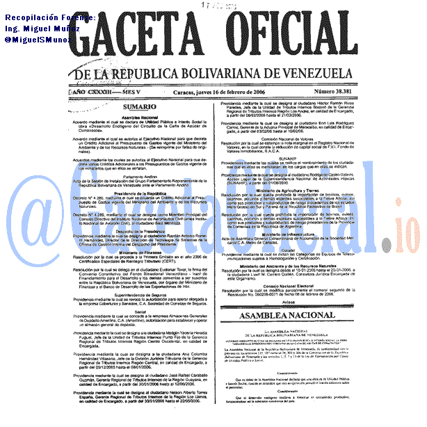 Gaceta Oficial 38381 del 16 Febrero 2006