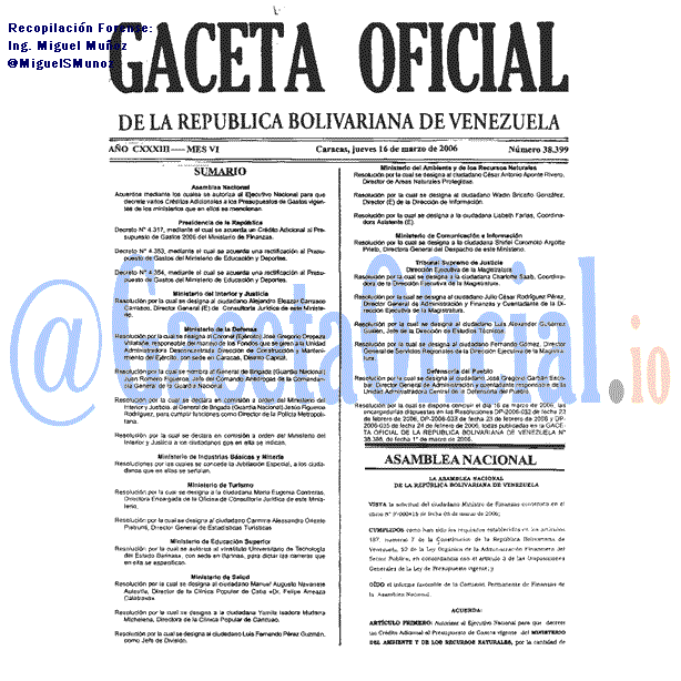 Gaceta Oficial 38399 del 16 Marzo 2006