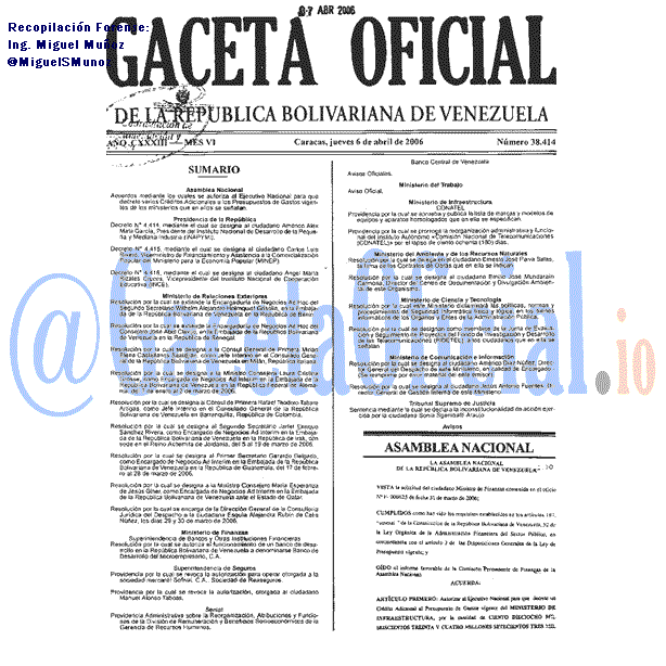 Gaceta Oficial 38414 del 6 Abril 2006