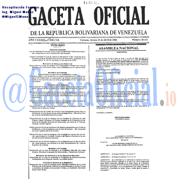 Gaceta Oficial 38421 del 21 Abril 2006