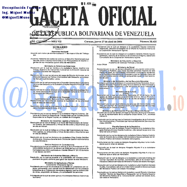 Gaceta Oficial 38425 del 27 Abril 2006