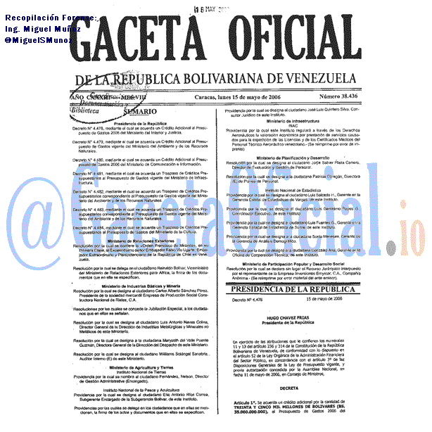 Gaceta Oficial 38436 del 15 Mayo 2006