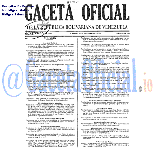 Gaceta Oficial 38441 del 22 Mayo 2006