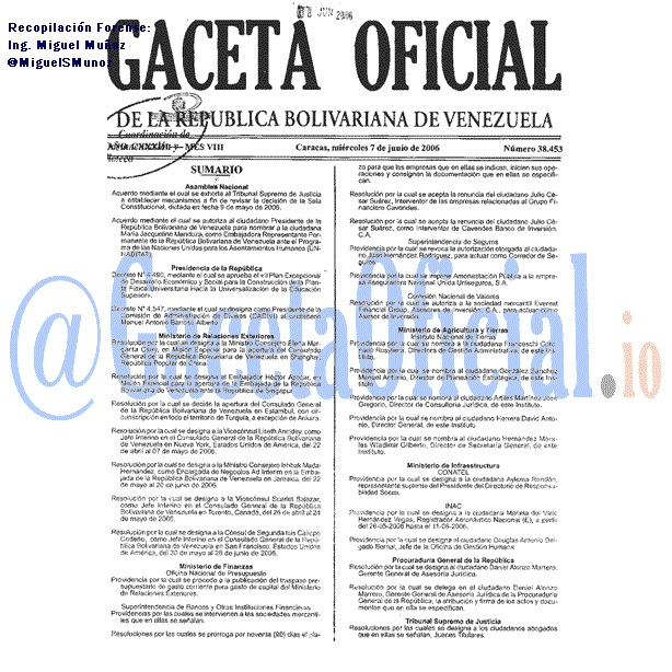 Gaceta Oficial 38453 del 7 Junio 2006