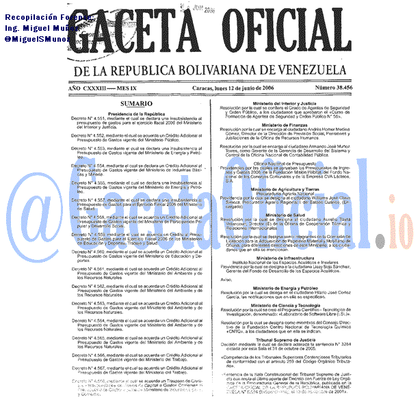 Gaceta Oficial 38456 del 12 Junio 2006
