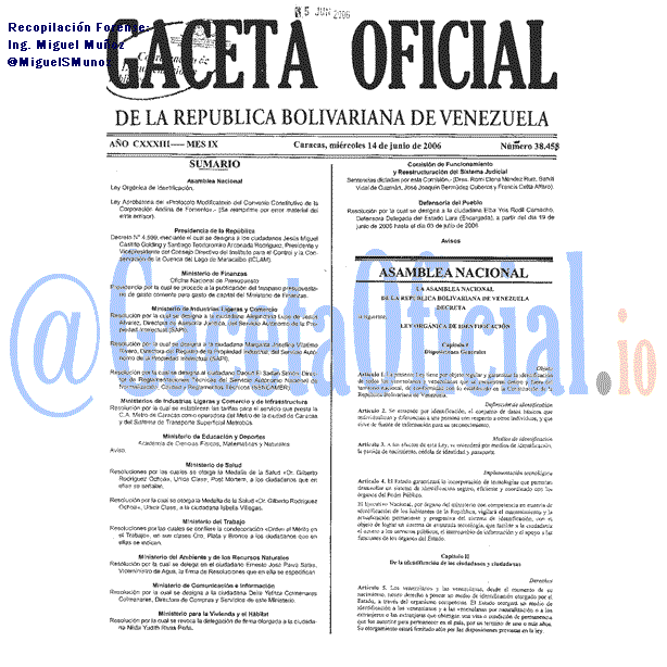 Gaceta Oficial 38458 del 14 Junio 2006
