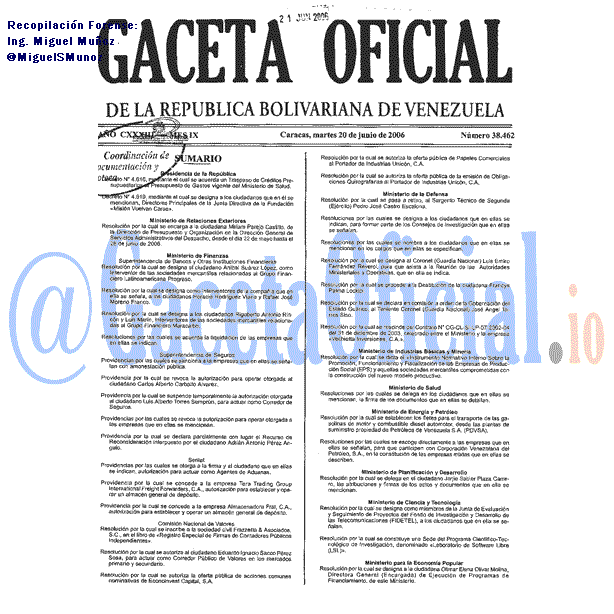 Gaceta Oficial 38462 del 20 Junio 2006