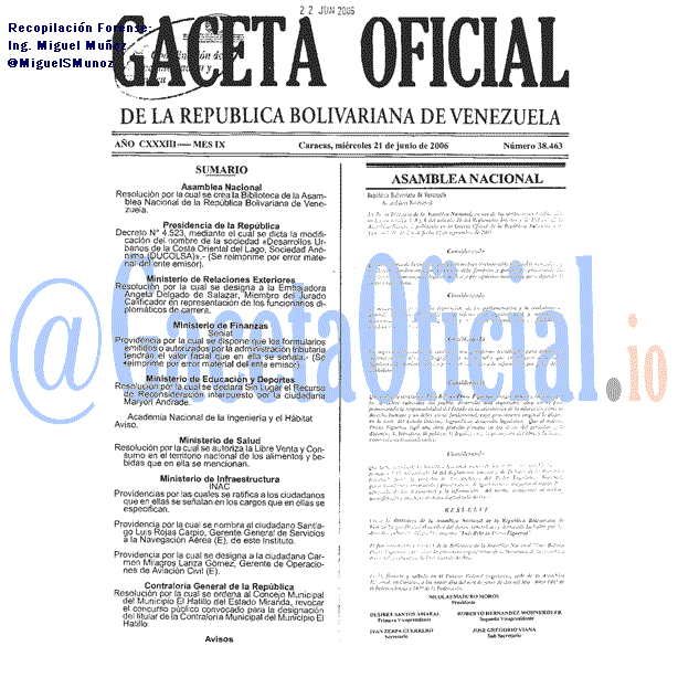 Gaceta Oficial 38463 del 21 Junio 2006
