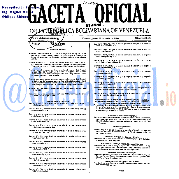 Gaceta Oficial 38464 del 22 Junio 2006