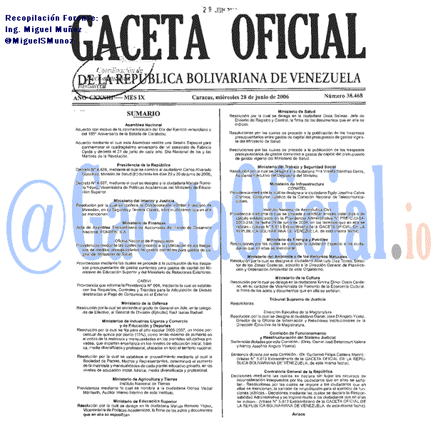 Gaceta Oficial 38468 del 28 Junio 2006