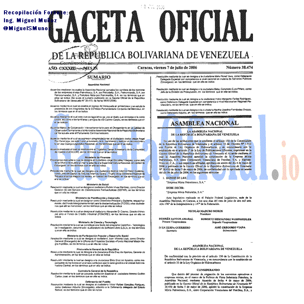 Gaceta Oficial 38474 del 7 Julio 2006