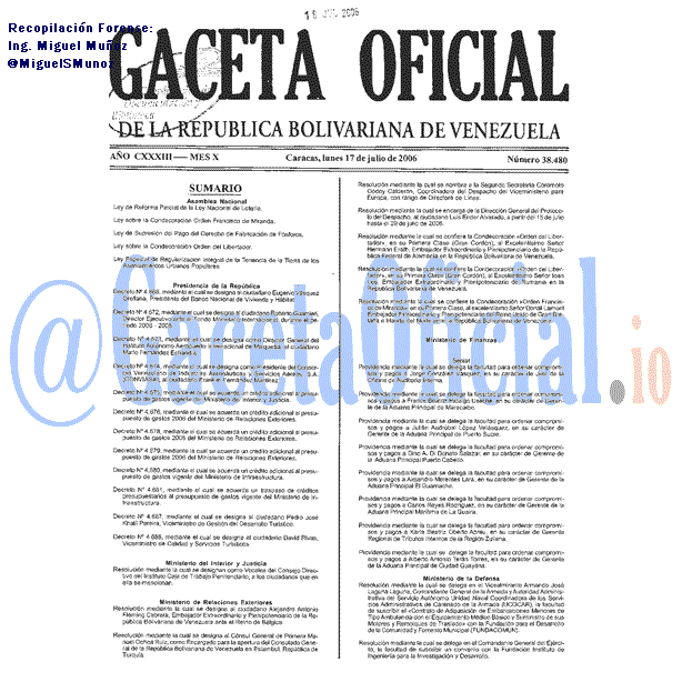 Gaceta Oficial 38480 del 17 Julio 2006