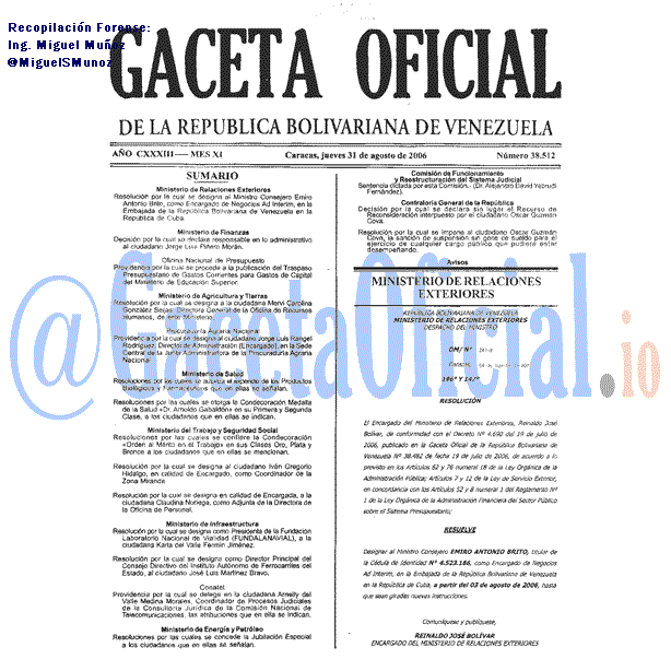 Gaceta Oficial 38512 del 31 Agosto 2006