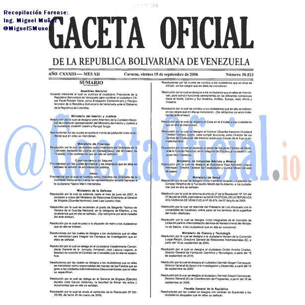 Gaceta Oficial 38523 del 15 Septiembre 2006