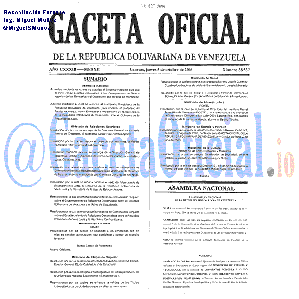 Gaceta Oficial 38537 del 5 Octubre 2006