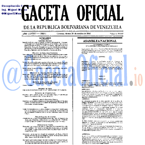 Gaceta Oficial 38547 del 20 Octubre 2006