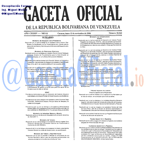 Gaceta Oficial 38562 del 13 Noviembre 2006