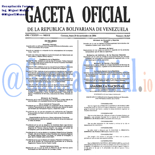 Gaceta Oficial 38567 del 20 Noviembre 2006