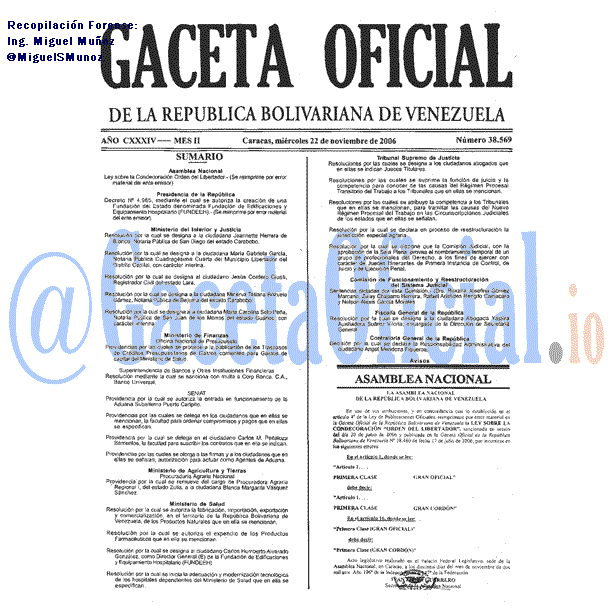 Gaceta Oficial 38569 del 22 Noviembre 2006