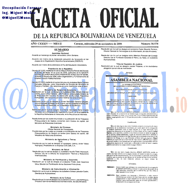 Gaceta Oficial 38574 del 29 Noviembre 2006