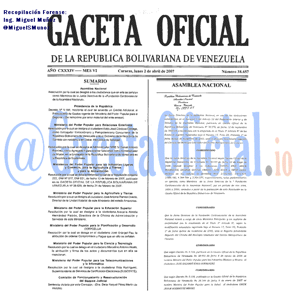 Gaceta Oficial 38657 del 2 Abril 2007